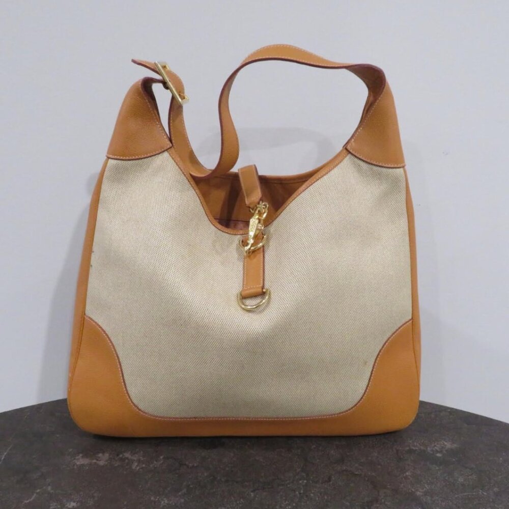 REINA Italian Leather Tan Leather Trim Beige Canvas Shoulder Bag